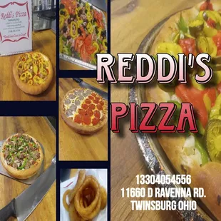 a variety of different pizzas
