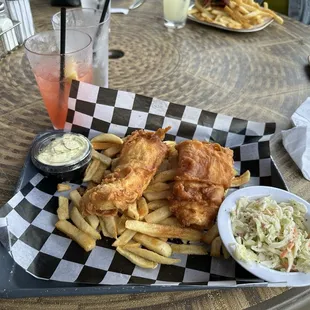 Fish and chips with cole slaw