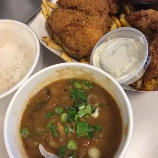 Gumbo and fish/chips. Skipped dinner and breakfast, yep.