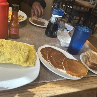 Farmers omelette, three pancakes and toast