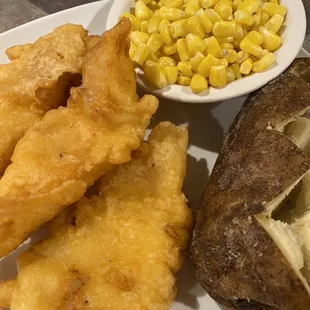 Fish and chips... Well, baked potato that is.. and I opted for a side of corn instead of soup, salad or coleslaw