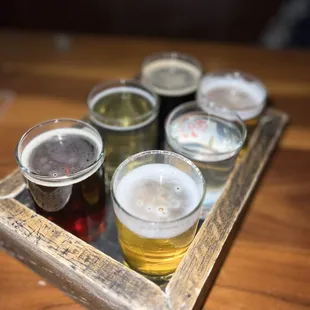 a tray of beer glasses