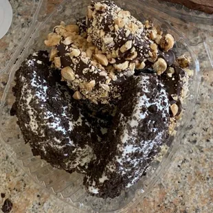 CC slices. Half white chocolate with oreo crumbles half dark chocolate with peanuts