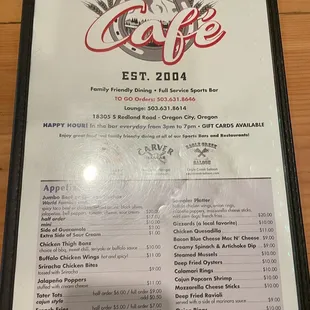 Front of menu
