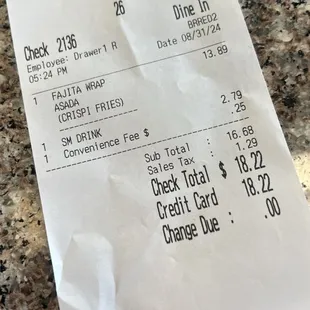 my receipt that shows the time and date I was there and what I ordered