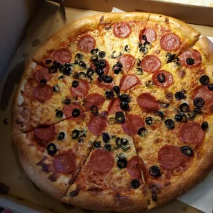 pepperoni, olives, and cheese pizza