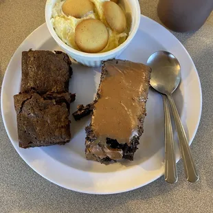 a plate of brownies and a bowl of ice cream