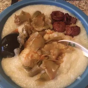 "Chinese-Hawaiian" Grits w/ Century Egg, Preserved Vegetables &amp; Redondo's Hot Portuguese Sausage