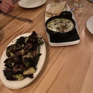 Appetizers - yum!!!! Artichoke dip &amp; brussel sprouts.