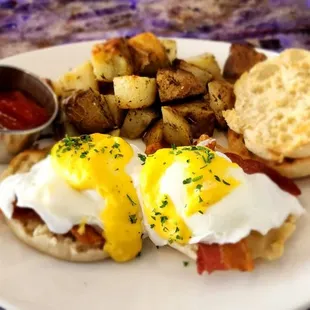 Eggs Benedict, rosemary potatoes.
