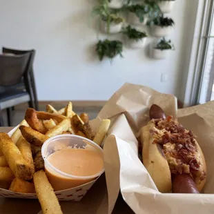 a hot dog and french fries