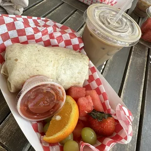 a plate of food and drinks