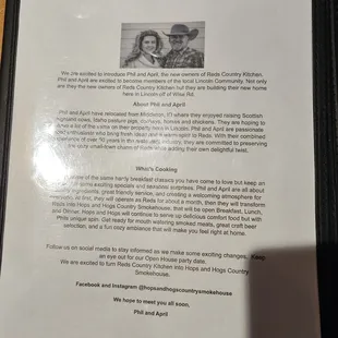 A bit on the menu about the new owners. We're so glad to have you here, and good luck with Hops and Hogs, the new  BBQ phase.