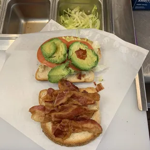 Bacon avocado on toasted sour dough.