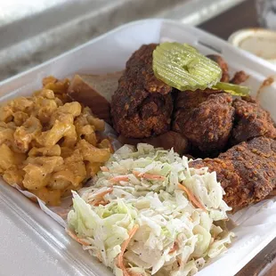 The hot chicken plate with 3 jumbo tenders, medium spice, mac, cole slaw.