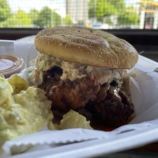 Hot Chicken Sandwich with potato salad