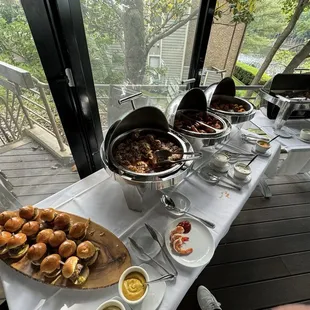 Sliders, mini crab cakes, calamari, goat cheese fritters