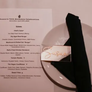 Personalized menu with requested apps and dessert and prices removed.