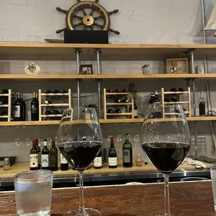 three glasses of wine on a bar