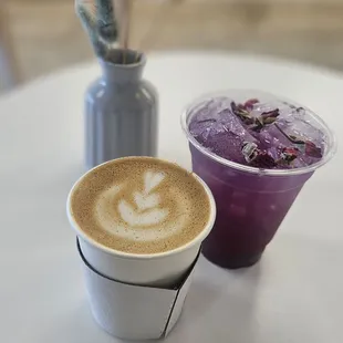 Flat white with oatmilk. Butterfly raspberry iced tead.