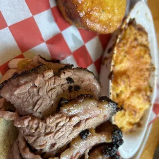 Brisket and Mac &amp; Cheese, with corn bread
