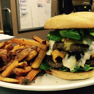 a burger and fries on a plate