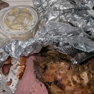 Tri-tip and chicken breast combo + cornbread + Mac &amp; Cheese