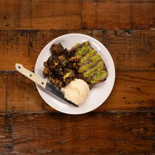 Flatiron Steak with crispy truffle Brussel sprouts and whipped potatoes!