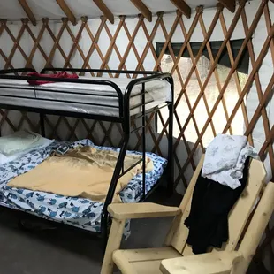 The inside of the yurt