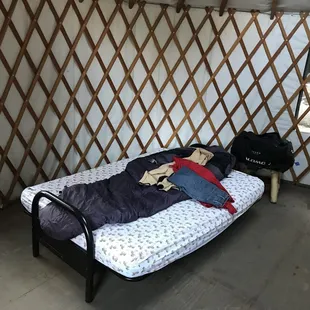 The inside of the yurt