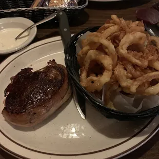 Filet mignon and onion rings