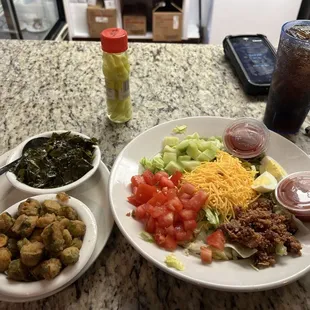Collards, fried okra &amp; house salad