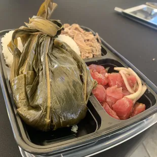 Hawaiian Bento: Rice, Kalua pig, lau lau &amp; shoyu poke