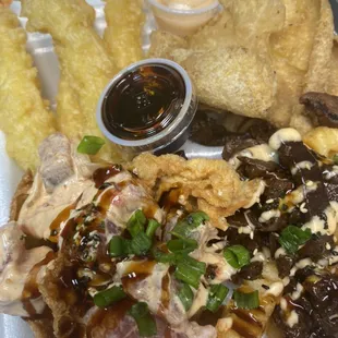 Pupu platter
Shrimp Tempura (spicy or plain)
Chick A Ron (fried chicken skin)
Spicy Ahi poke wonton chip nacho
Boneless Kalbi Fries