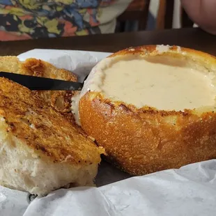 Clam chowder in a bread bowl
