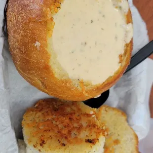 Clam chowder in a bread bowl - delicious!