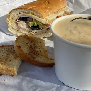 Turkey on wheat and Clam Chowder