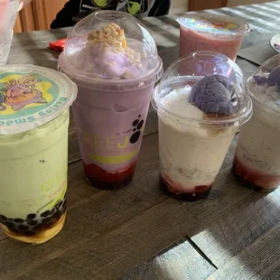 Avocado custard tapioca pudding, taro halo halo, and halo halo