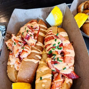 Lobster rolls choose from 4 different sauces
. cilantro jalapeno mayo
.smoked pineapple
.smoked bell pepper.
.Awesome sauce