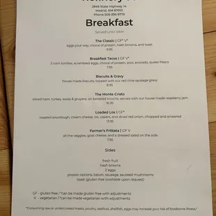 Breakfast menu