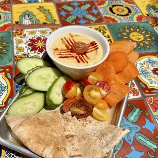 Hummus Platter! House made Hummus with fresh cut veggies and whole wheat pita
