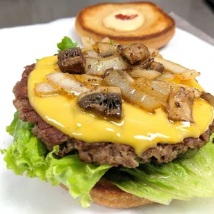 Vegan Burger with Vegan Cheese, Mushrooms, and Onions