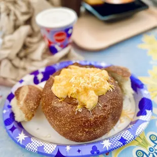 Mac &amp; Cheese Chili in a Sourdough Bread Bowl