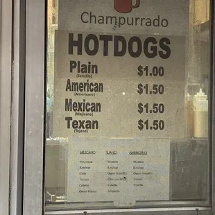 a menu for hot dogs