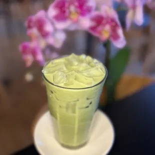 Strawberry Coconut Matcha Latte made with organic Matcha it&apos;s a tropical, fruity delight