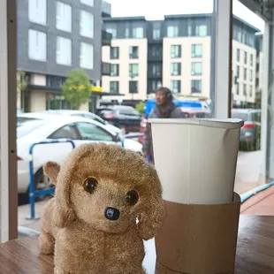 Cafe along large windowpanes.