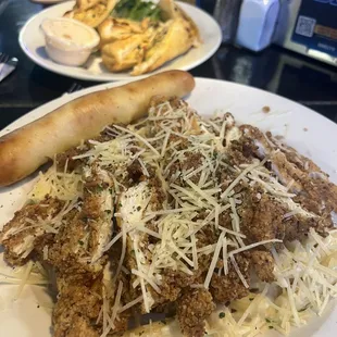 Pasta Alfredo with fried chicken &amp; Santa Fe Eggrolls. (* I got penne noodles instead of fettuccine*)