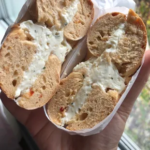Sundried tomato bagel with herb garlic spread - $3