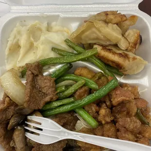 Black pepper chicken, Mongolian beef, dumplings. Cheesy mash potatoes green beans