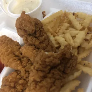 3 chicken tender basket. Low price, big portions. Worth it. Also came with 2 onion rings and toast.